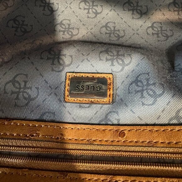 GUESS Brown Faux Ostrich Leather Shoulder Purse Tote Bag 13" x 5" x 9.5" - Picture 11 of 15